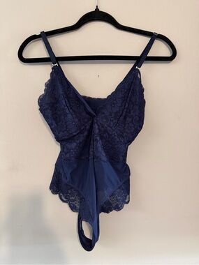 We Are HAH Back Off Lace Bodysuit Navy Blue Open Back Free People size small